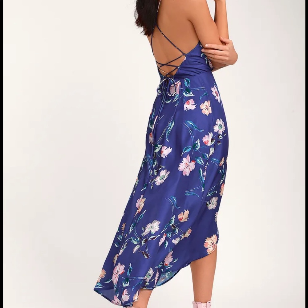 Lulu’s Wylden royal blue satin lace-up dress